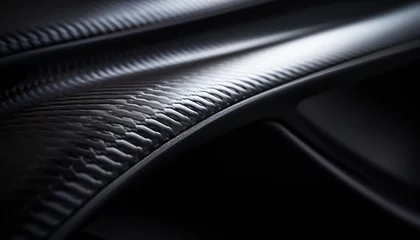 Fotobehang Close-up macro photo of dark, cool carbon fiber material on a red sports car's curves.. Light is reflecting off the material, creating a bright contrast. © SoloWay Stock