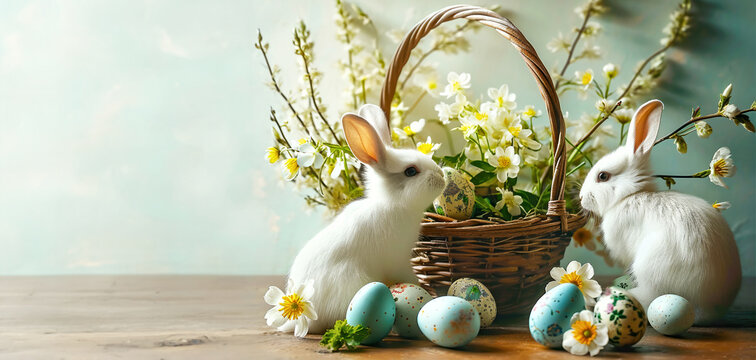 Two Fluffy White Bunnies Beside a Wicker Basket Full of Daffodils and Speckled Easter Eggs