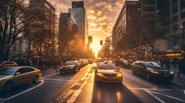 timelapse of busy urban downtown sunset city crowd people commuter transportation intersection street motion people and car taxi strret scene pedestrian city people lifestyle