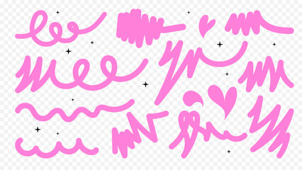 Abstract shapes set. Pink playful doodle elements in trendy childish style. Great for your designs. Simple cute stickers.