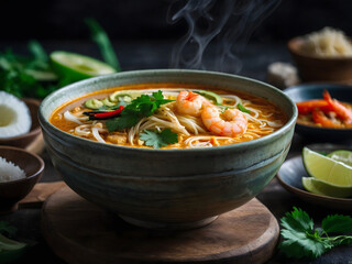 Malaysian laksa soup with coconut milk, shrimp, and rice noodles.