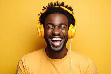 Photo sur Aluminium Magasin de musique Photo picture of a carefree positive guy listening to upbeat music isolated on vivid yellow color background generative AI