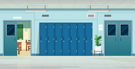 Lockers in front of the classroom with blackboards.