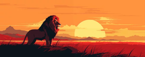 Foto op Aluminium Male lion in the African savanna at sunset, panoramic view, illustration generative AI © emilio100