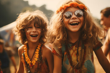 Funny happy hippie best friends on festival concert retro party event nature Generative AI