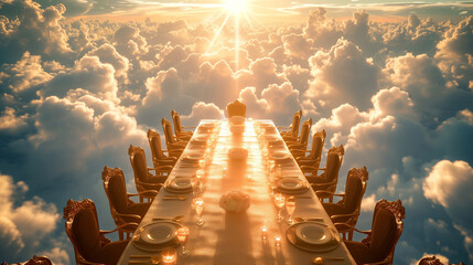Long table with many dishes and many chairs prepared for a party in heaven Biblical Promise Generative AI Illustration - obrazy, fototapety, plakaty