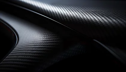 Poster Close-up macro photo of dark, cool carbon fiber material on a red sports car's curves.. Light is reflecting off the material, creating a bright contrast. © SoloWay Stock