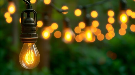 Outdoor party string lights hanging in backyard with warm colored blurred bokeh background