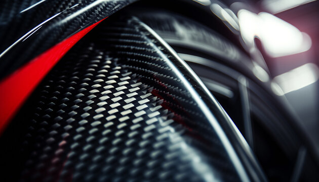 Close-up macro photo of dark, cool carbon fiber material on a red sports car's curves.. Light is reflecting off the material, creating a bright contrast.