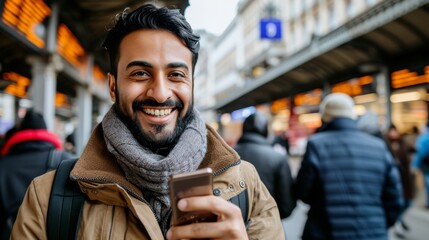Stylish bearded man smiling while using smartphone at lively train station platform