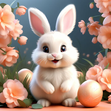 Cute Easter bunny on HD, background, in a field of flowers