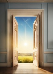 Realistic 3D Open door with blue sky and Sun rays. Freedom concept