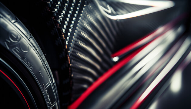 Close-up macro photo of dark, cool carbon fiber material on a red sports car's curves.. Light is reflecting off the material, creating a bright contrast.