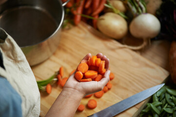 Vegetables, hands and person with carrot and wooden board for cooking lunch and nutrition diet at home. Wellness, health and organic food with meal, vegetarian and ingredients for salad in a kitchen