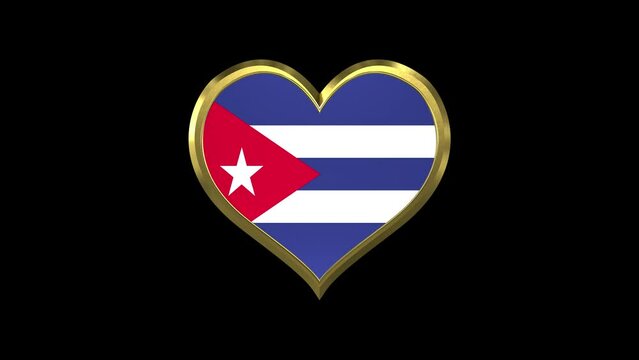 Cuba Flag In Golden Heart Shape With Alpha Matte. Seamless Loop