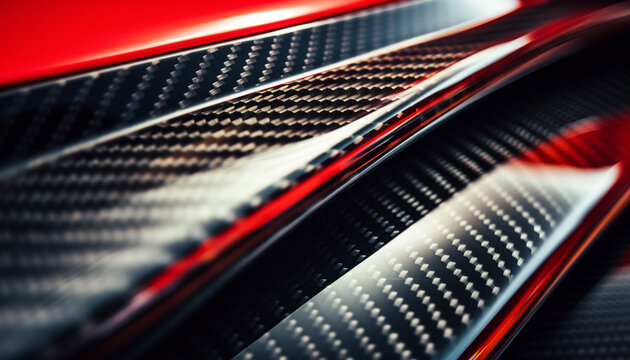 Close-up macro photo of dark, cool carbon fiber material on a red sports car's curves.. Light is reflecting off the material, creating a bright contrast.