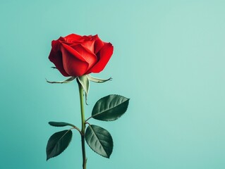 Red rose with leaf on light blue background