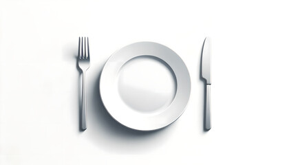 Classic tableware arrangement, white plate and stainless cutlery, Tradition Concept Art, Generative AI