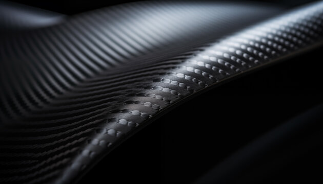 Close-up macro photo of dark, cool carbon fiber material on a red sports car's curves.. Light is reflecting off the material, creating a bright contrast.