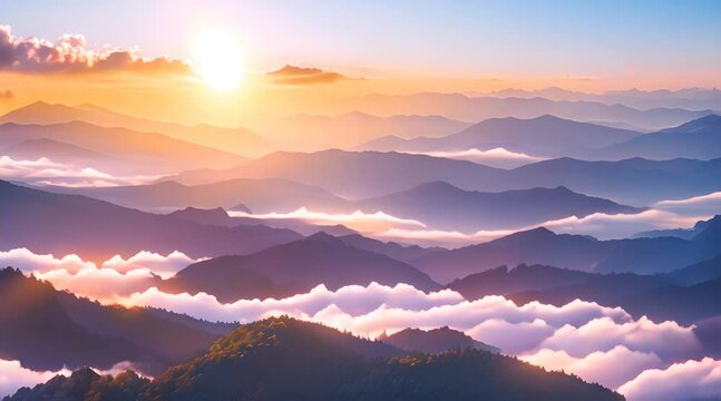 sunset in the mountains, misty mountain sunrise: A breathtaking view of the sun rising over a range of mist-covered mountains, casting a golden glow on the peaks