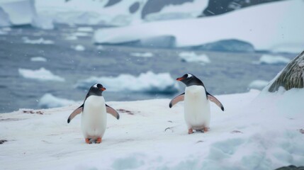 Adorable Penguin Duo Waddling in Snow AI Generated.