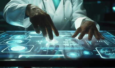Futuristic doctor working with innovative technologies using big electronic digital glowing tablet as global healthcare concept