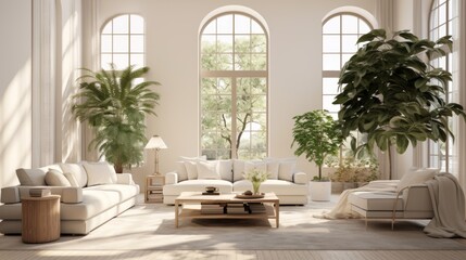 modern living room with large windows and white sofas