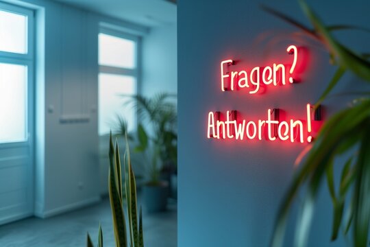 "Fragen? Antworten!" als Neon-Schriftzug an einer weißen Wand, FAQ, Q&A, Leuchtschrift Fragen und Antworten