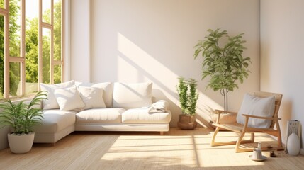 modern living room with large windows and white sofas