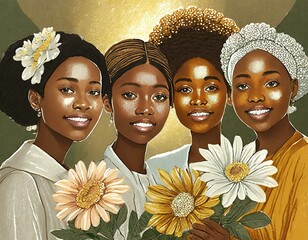 Portret czterech Afroamerykanek trzymających w dłoniach kwiaty. Dzień kobiet - obrazy, fototapety, plakaty