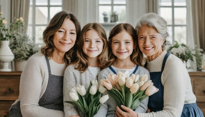 Kobiety i dziewczynki z rodziny wielopokoleniowej siedzące obok siebie i trzymające w dłoniach kwiaty. Międzynarodowy Dzień Kobiet - obrazy, fototapety, plakaty
