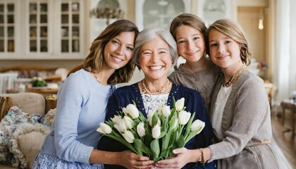 Kobiety i dziewczynki z rodziny wielopokoleniowej siedzące obok siebie i trzymające w dłoniach kwiaty. Międzynarodowy Dzień Kobiet - obrazy, fototapety, plakaty