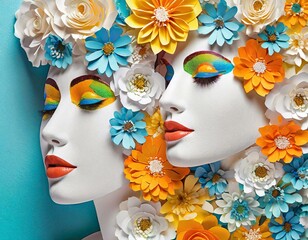 Twarze kobiet otoczone kolorowymi kwiatami - obrazy, fototapety, plakaty