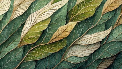 Podłużne liście w różnych odcieniach zieleni nakładające się na siebie. Tapeta, tło - obrazy, fototapety, plakaty