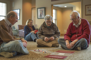 Elderly people sit happily doing activities together at home.