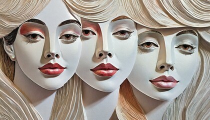 Płaskorzeźba z trzema kobiecymi twarzami. Ilustracja na Dzień Kobiet - obrazy, fototapety, plakaty