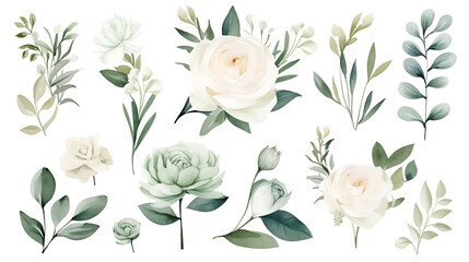 Watercolor rose illustration set. White flowers, green leaves individual elements collection. For bouquets, wreaths, wedding invitations, anniversary, valentine day and birthdays - obrazy, fototapety, plakaty