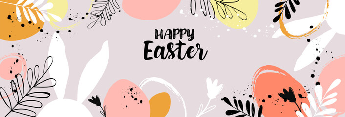 Vector Happy Easter banner Trendy Easter design, hand painted elements, silhouettes of eggs bunny rabbit and leaves flowers in pastel colors. Modern flat minimalistic style. Horizontal poster
