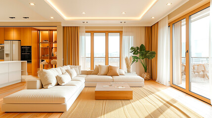Fototapeta premium Beautiful living room in a luxurious contemporary made of natural materials home.