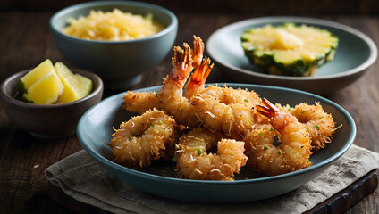 Panko-crusted coconut shrimp with a sweet and tangy pineapple dipping sauce.