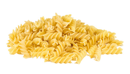 A portion of Rotini corkscrew pasta isolated on white.