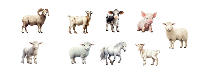 Vector Illustration Set of Various Farm Animals Ram, Goat, Cow, Pig, Sheep, Lamb, Horses in Realistic Style Isolated