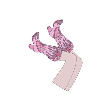 recommend clip art: Groovy sexy woman legs in cowgirl shoes vector illustration isolated on white. Wild west disco retro party 60s 70s 80s print poster postcard design.