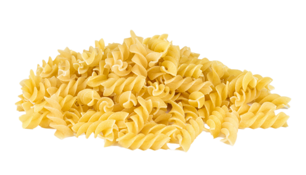 A portion of Rotini corkscrew pasta isolated on white.