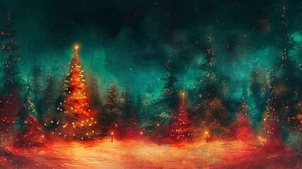 Christmas tree field with lights and lights on it, in the style of vibrant watercolor landscapes, dark red and cyan, dreamlike whimsy, dark turquoise and light amber, detailed painting.