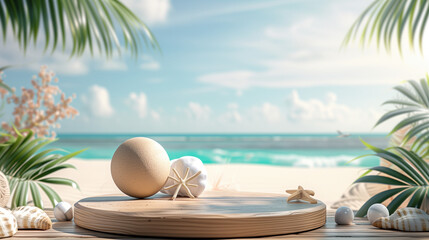 Obraz premium Summer product display on wooden podium at sea tropical beach.