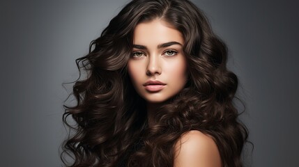 Fototapeta premium Brunette girl with long and shiny wavy hair . Beautiful model with curly hairstyle