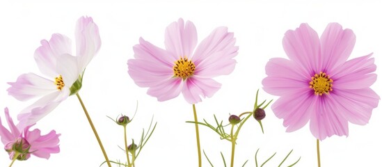 Beautiful blooming pink cosmos flowers isolated on clean white background for springtime floral design concept