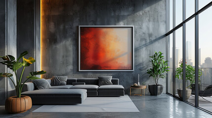 A Brutalist living room with minimal design and grunge textures. Features sleek furniture, vibrant artwork, and natural light from large windows.