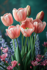 Blush Tulips and Lavender in Harmonious Arrangement on the green background, vertical orientation
